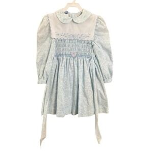 Polly Flinders Girls Dress Size 7 Floral Smocked Peter Pan Collar Long Sleeve
